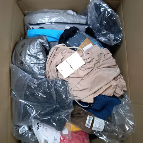 BOX OF ASSORTED CLOTHING ITEMS TOO INCLUDE JUMPERS, SHIRTS AND TROUSERS IN VARIOUS SIZES AND COLOURS   