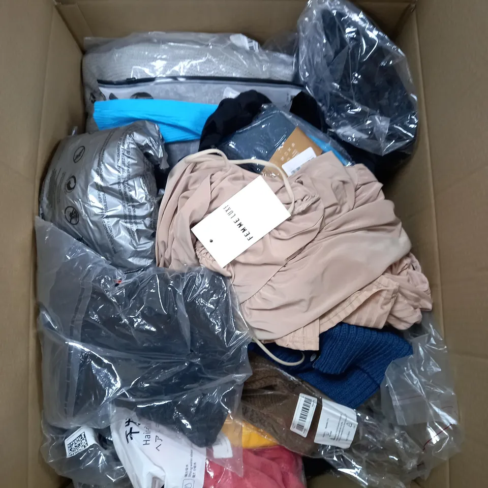 BOX OF ASSORTED CLOTHING ITEMS TOO INCLUDE JUMPERS, SHIRTS AND TROUSERS IN VARIOUS SIZES AND COLOURS   