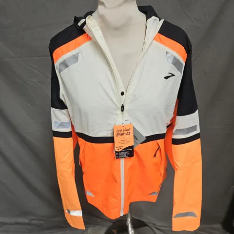 BROOKS RUN VISIBLE JACKET 2.0 IN ECRU/BLACK/FLUORESCENT FLASH SIZE M