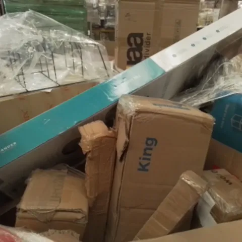 PALLET OF ASSORTED ITEMS INCLUDING SECURITY POLE, ROOM DIVIDER, BED FRAMES, STUDIO EASEL