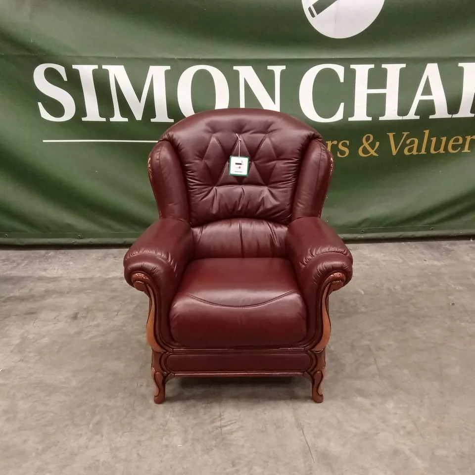 DESIGNER ITALIAN MADE BURGUNDY LEATHER & WOOD ARMCHAIR