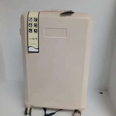 BEIGE HARD-SHELL SUITCASE ON WHEELS