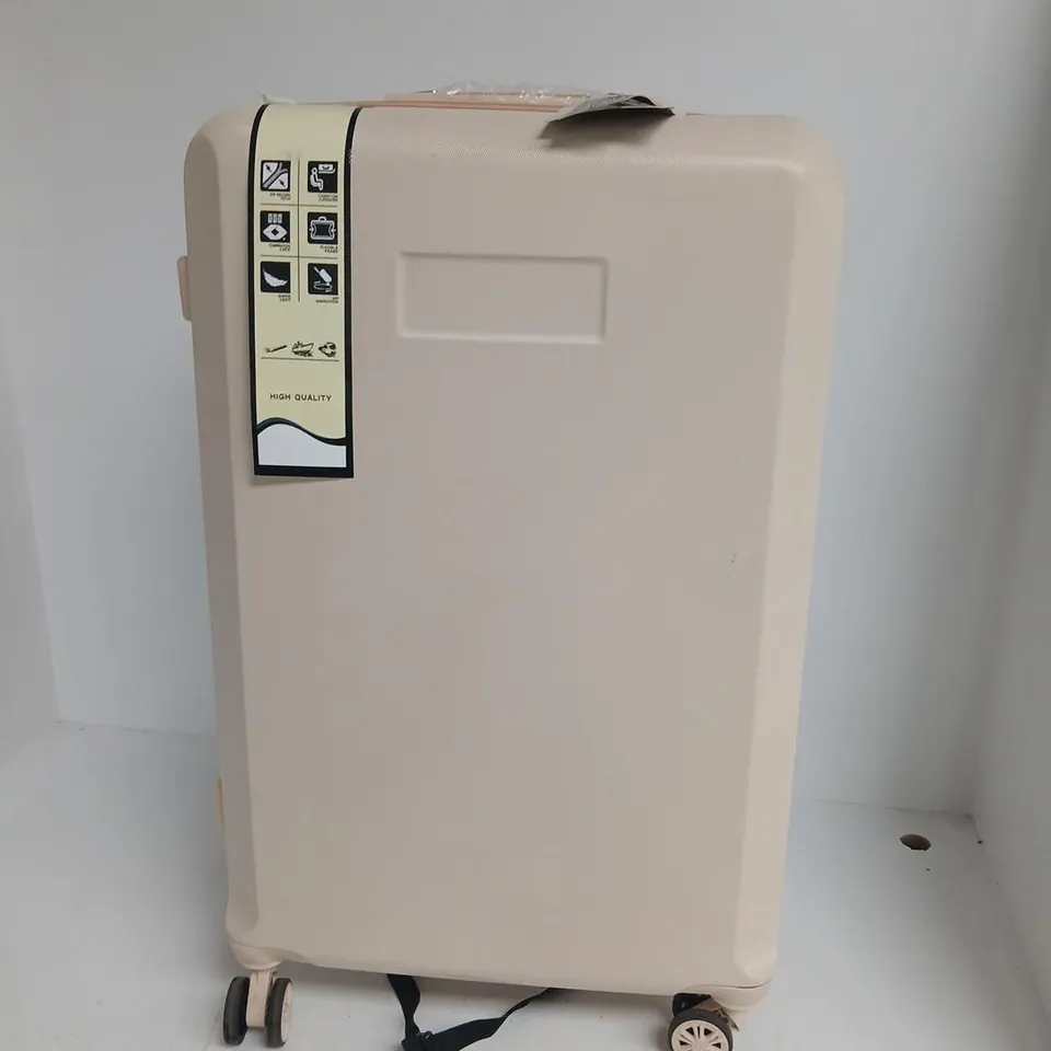 BEIGE HARD-SHELL SUITCASE ON WHEELS