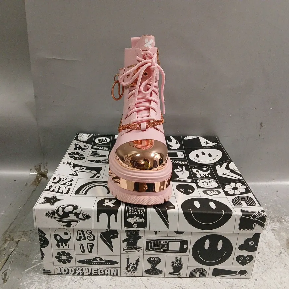 BOXED PAIR OF KOI ROSE GOLD BORIN HARDWARE PLATFORM BOOTS IN PINK/ROSE GOLD SIZE UK 3