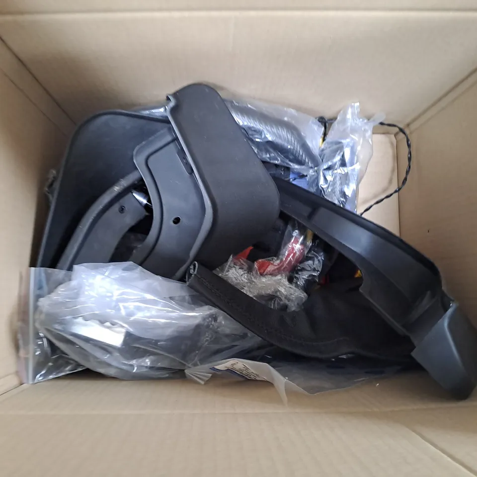 MEDIUM BOX OF ASSORTED AUTO PARTS TO INCLUDE BIKE SEAT, SPANNER SET AND OSRAM