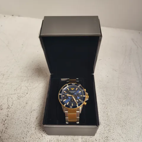 EMPORIO ARMANI CHRONOGRAPH WATCH – BLUE DIAL, TWO-TONE STEEL & GOLD BRACELET