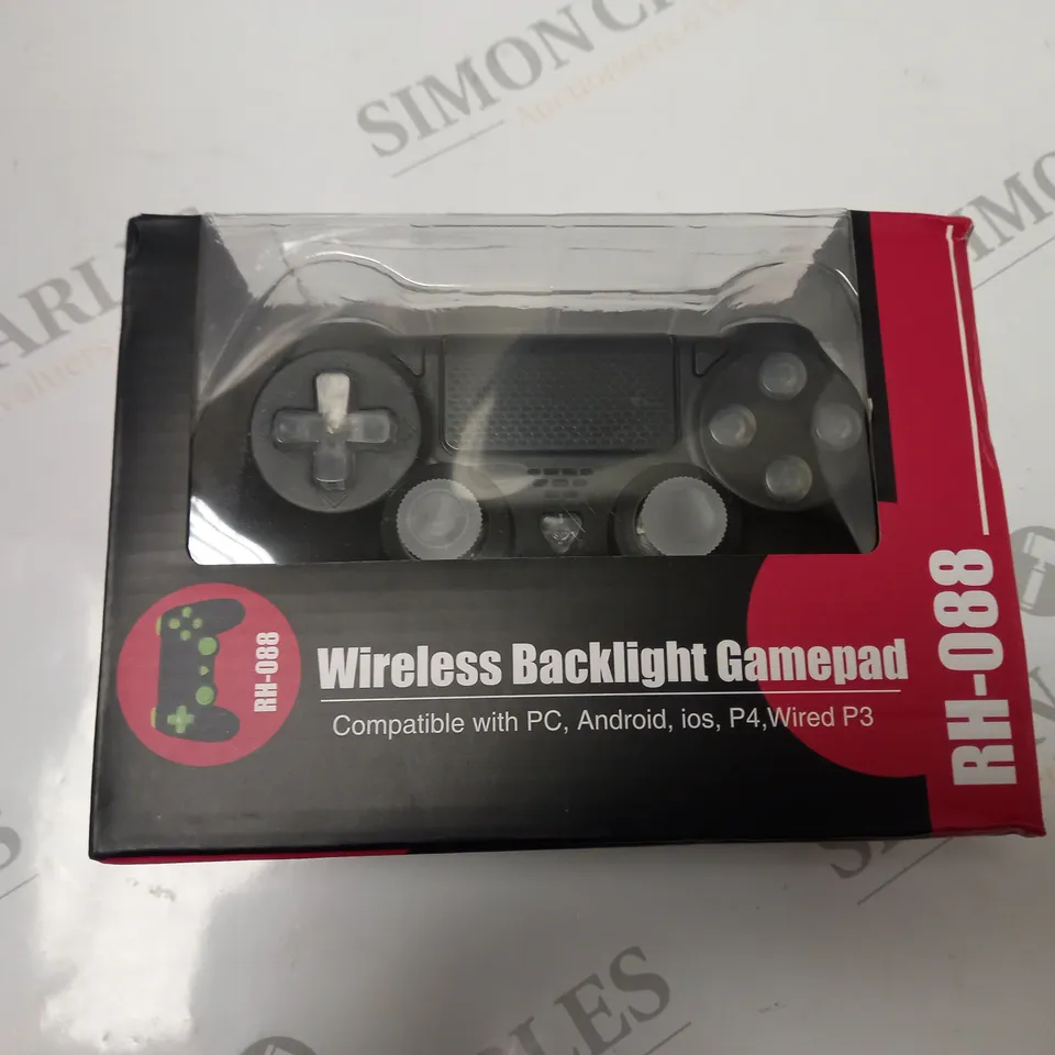 BOXED WIRELESS GAMEPAD WITH BACKLIGHT, WITH USB CABLE AND INSTRUCTIONS. MODEL RH-088