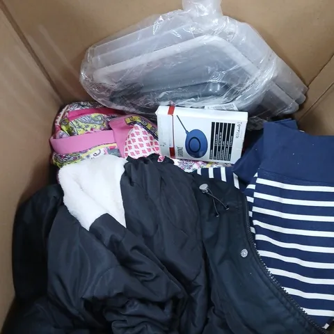 LARGE BOX OF ASSORTED ITEMS TO INCLUDE CLOTHING , FAST WIRLESS CHARGER AND FOOD CONTAINERS