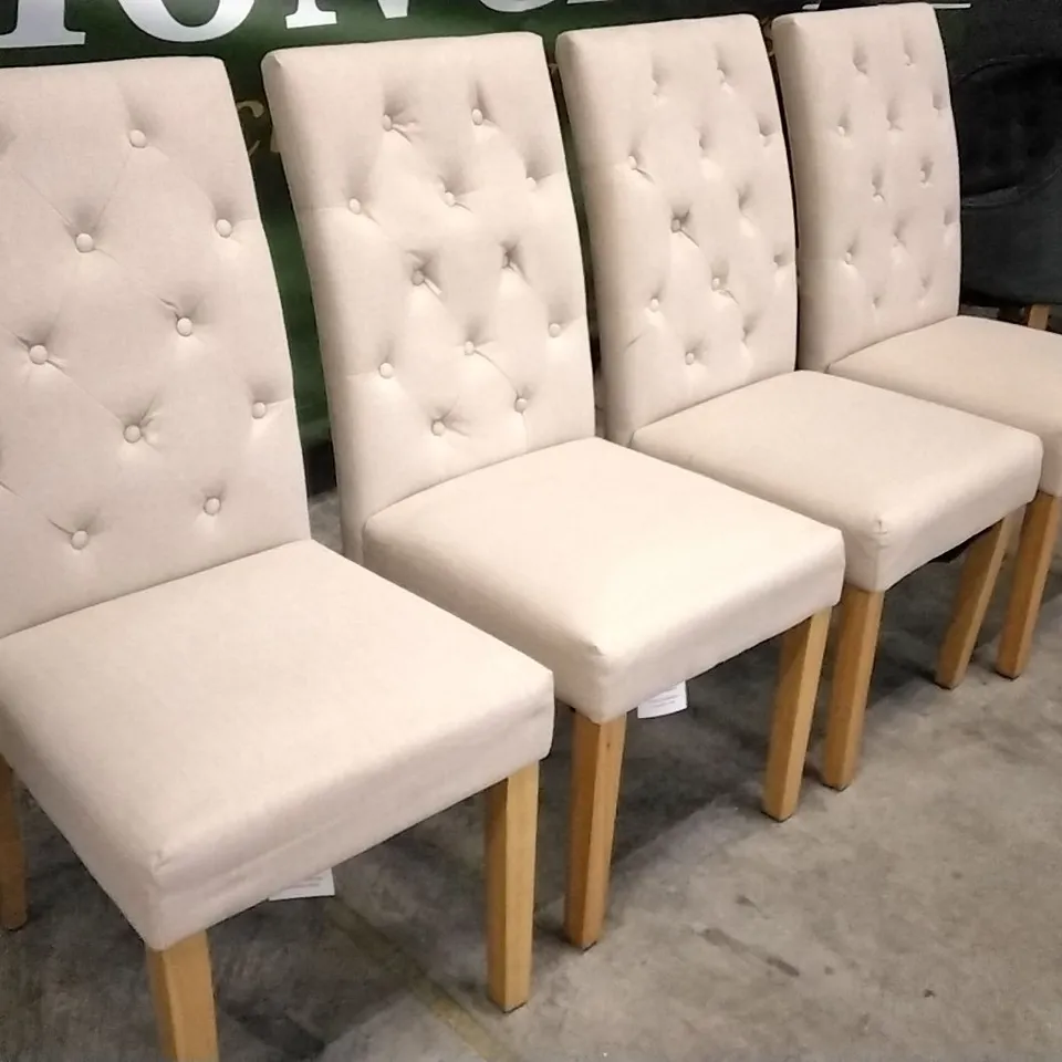 SET OF 4 BEIGE FABRIC BUTTONBACK DINING CHAIRS WITH WOODEN LEGS