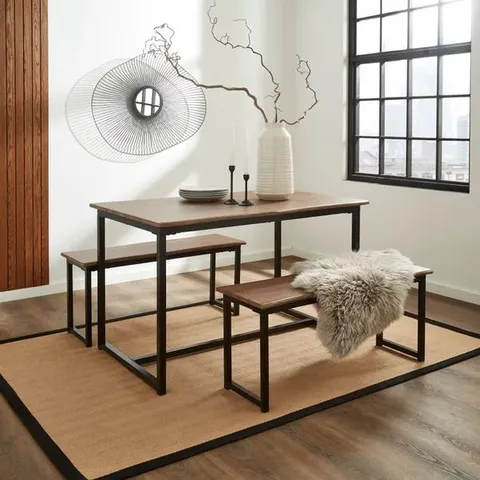 BOXED RONAN WAVE EDGE BENCH SET, RUSTIC WOOD EFFECT (1 BOX)