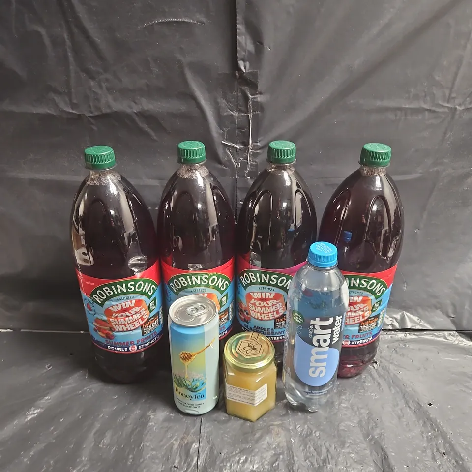 APPROXIMATELY 5 ASSORTED FOOD ITEMS TO INCLUDE - robinsons summer fruits - garnulated honey - honeytea can
