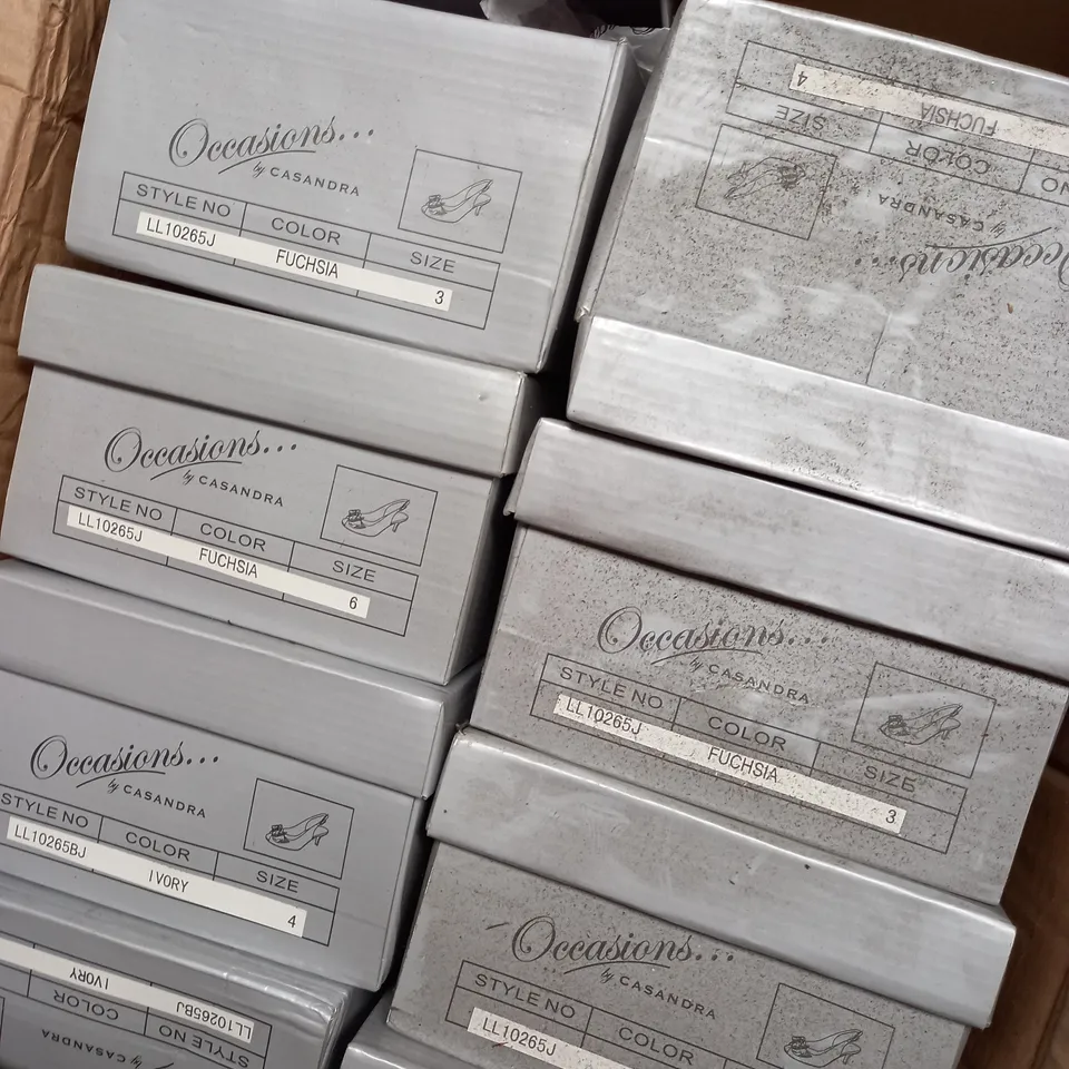 BOX OF 10 PAIRS OF FUCHSIA HIGH HEELED SHOES 