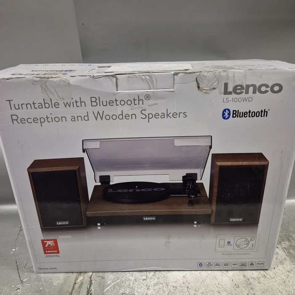BOXED LENCO LS-100WD BELT DRIVE TURNTABLE WITH WOODEN SPEAKERS
