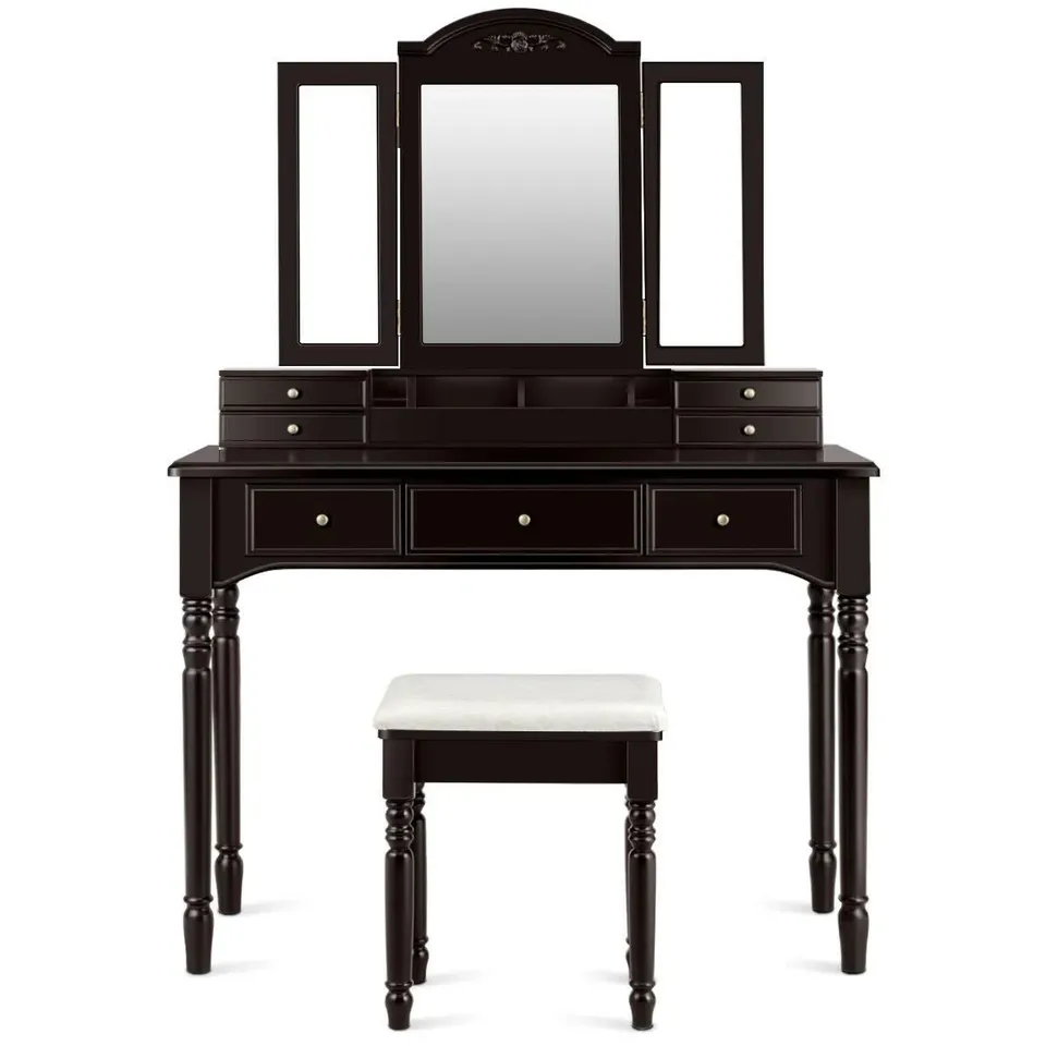 BOXED COSTWAY VANITY DRESSING TABLE SET WOODEN MIRROR MAKEUP DRESSER TABLE STOOL 7 DRAWERS - BROWN