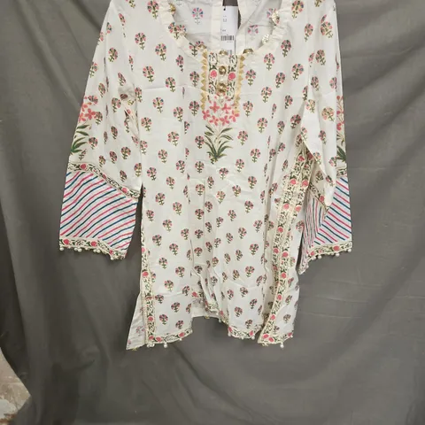 UK 12 WOMEN'S PRINTED TUNIC WITH FLORAL MOTIF, GOLD NECKLINE TRIM & STRIPED SLEEVE CUFFS