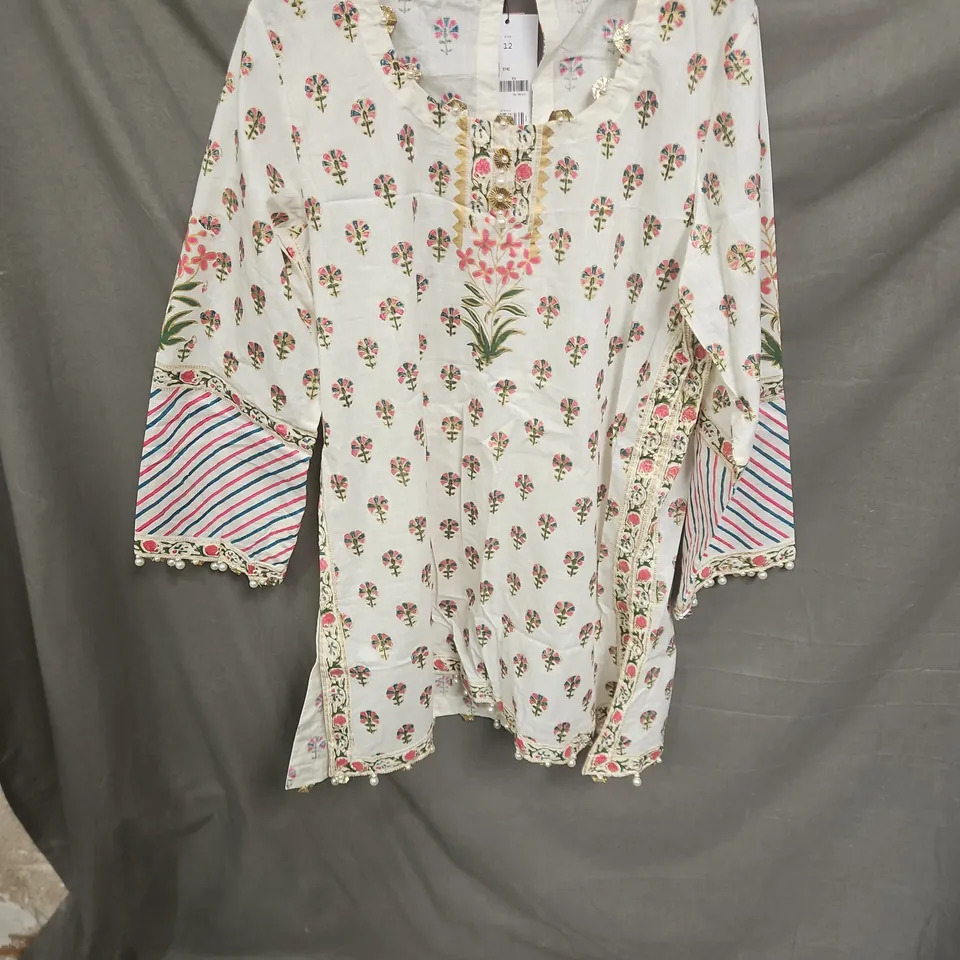 UK 12 WOMEN'S PRINTED TUNIC WITH FLORAL MOTIF, GOLD NECKLINE TRIM & STRIPED SLEEVE CUFFS