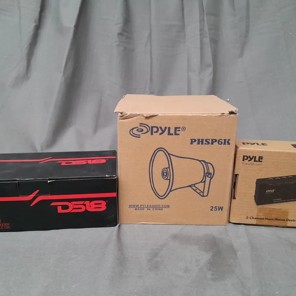 BOX OF APPROXIMATELY 15 ASSORTED ELECTRICAL ITEMS TO INCLUDE DS18 PRO-TWX2 VOICE COIL, PYLE INDOOR/OUTDOOR PA HORN SPEAKER, PYLE NOISE DESTROYER, ETC - COLLECTION ONLY