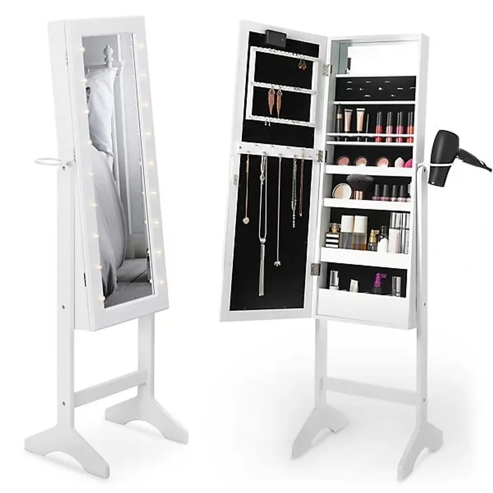 BOXED BEAUTIFY MIRROR JEWELLERY CABINET, FREE STANDING MIRROR, JEWELLERY STORAGE FOR EARRINGS, RINGS & NECKLACES W/LED LIGHTS