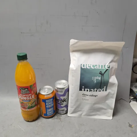 APPROXIMATELY 12 ASSORTED FOOD & DRINK ITEMS TO INCLUDE - IRN BRU , PEAK CALM MOOD DRINK , THREE RINGS COFFEE ETC