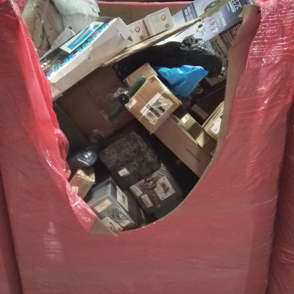 PALLET CONTAINING VARIOUS ASSORTED BOXED HOUSEHOLD ITEMS TO INCLUDE: LARGE THROW,CAR PARTS, FLEXI BREEZE  AND LOTS MORE UNMARKED BOXED ITEMS 