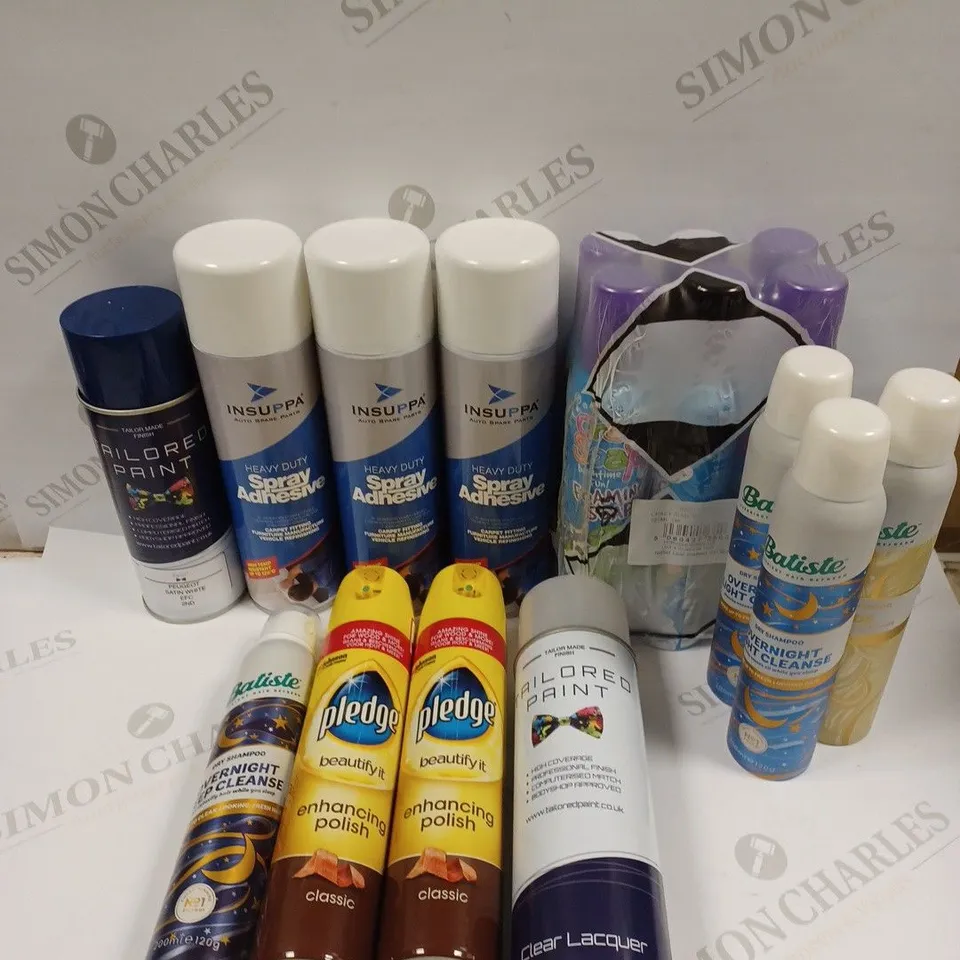 BOX OF APPROXIMATELY 17 ASSORTED AEROSOL PRODUCTS TO INCLUDE SPRAY ADHESIVE, BATISTE DRY SHAMPOO, PLEDGE POLISH ETC - COLLECTION ONLY 