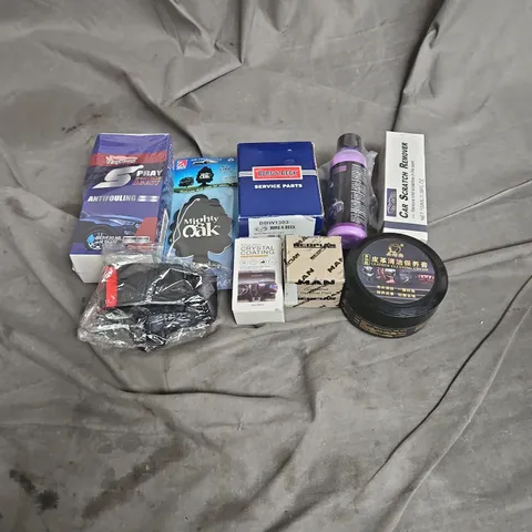 APPROXIMATELY 10 ASSORTED CAR ACCESSORIES TO INCLUDE LEATHER CLEANING CREAM, MIGHTY OAK CAR FRESHENER, PLASTIC CRYSTAL COATING, ETC