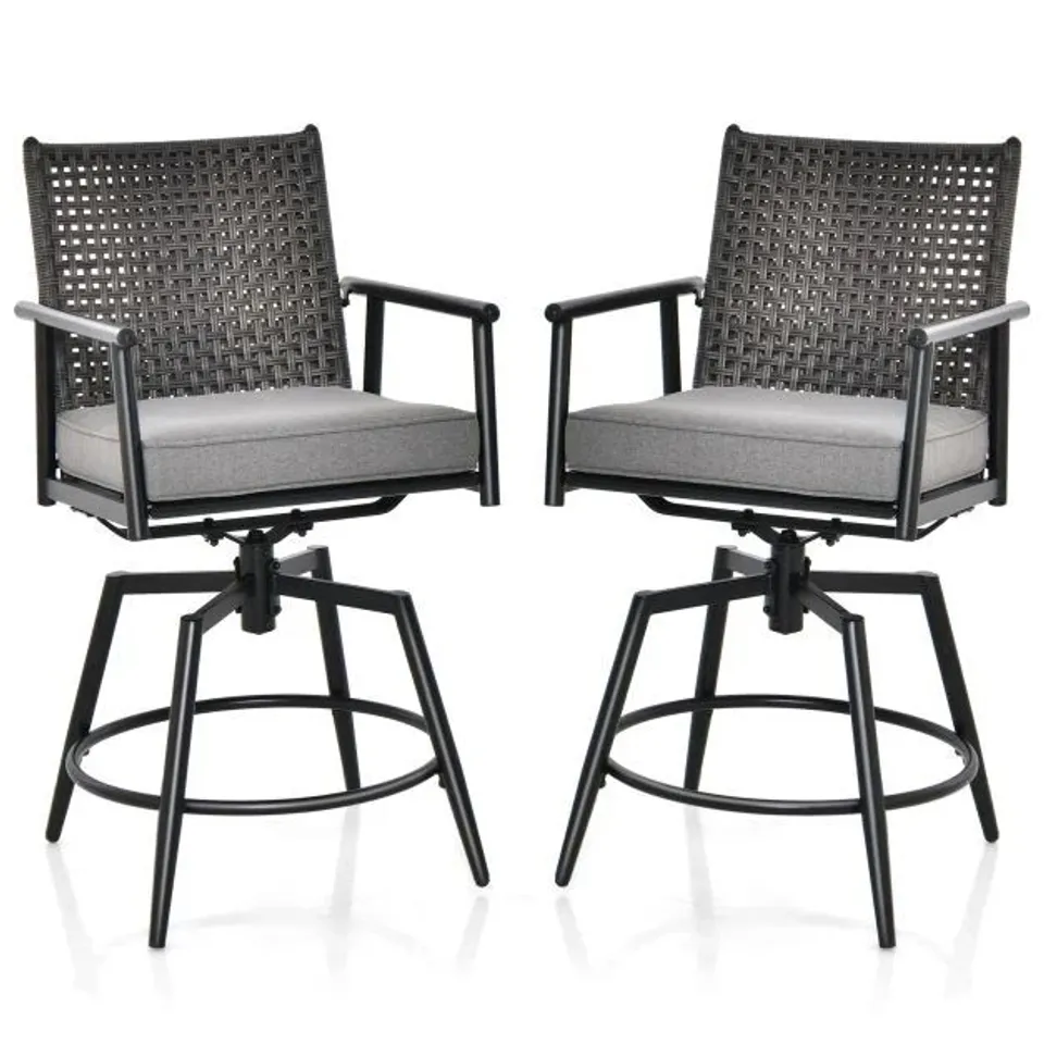 BOXED COSTWAY PATIO SWIVEL BAR STOOLS SET OF 2 WITH PE RATTAN BACK AND METAL FRAME - COFFEE