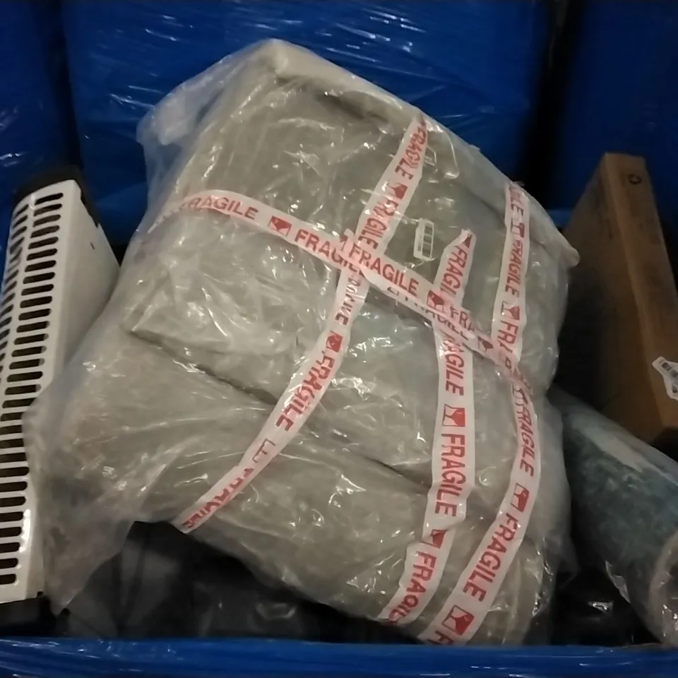 PALLET OF ASSORTED ITEMS INCLUDING A HEATER,  TOILET SEAT , RUG , OVER DOOR COAT HANGERS 