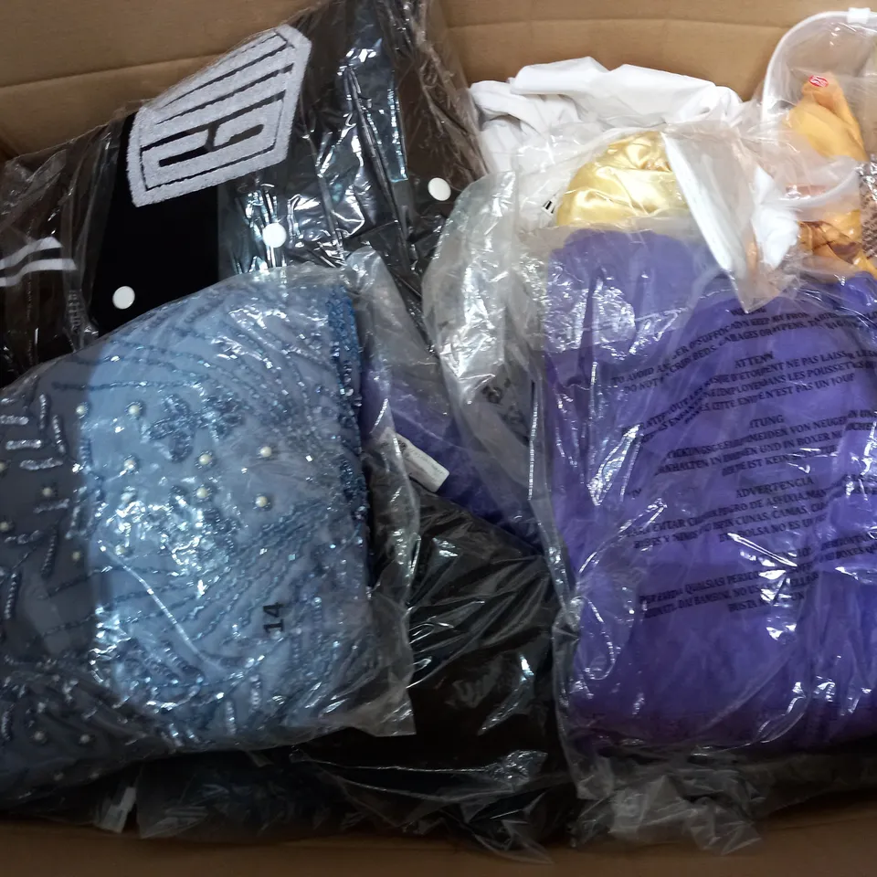 BOX OF APPROXIMATELY 25 ASSORTED CLOTHING ITEMS TO INCLUDE - SOCKS , T-SHIRT , DRESS ETC - COLLECTION ONLY 