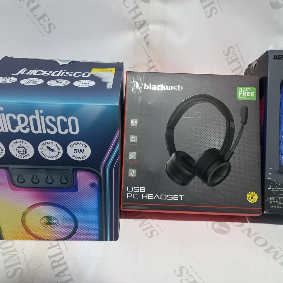 LOT OF APPROXIMATELY 20 ASSORTED HOUSEHOLD ITEMS TO INCLUDE JUICEDISCO SPEAKER, BLACKWEB USB PC HEADSET, ASDA TECH BLUETOOTH SPEAKER, ETC