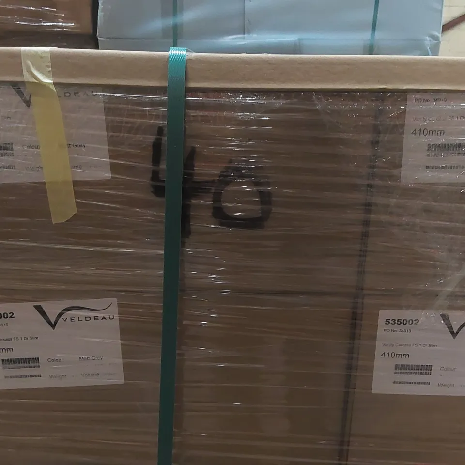 PALLET CONTAINING A LARGE QUANTITY OF ASSORTED BATHROOM FURNITURE PARTS INCLUDING: VELDEAU VANITY CARCASSES ECT