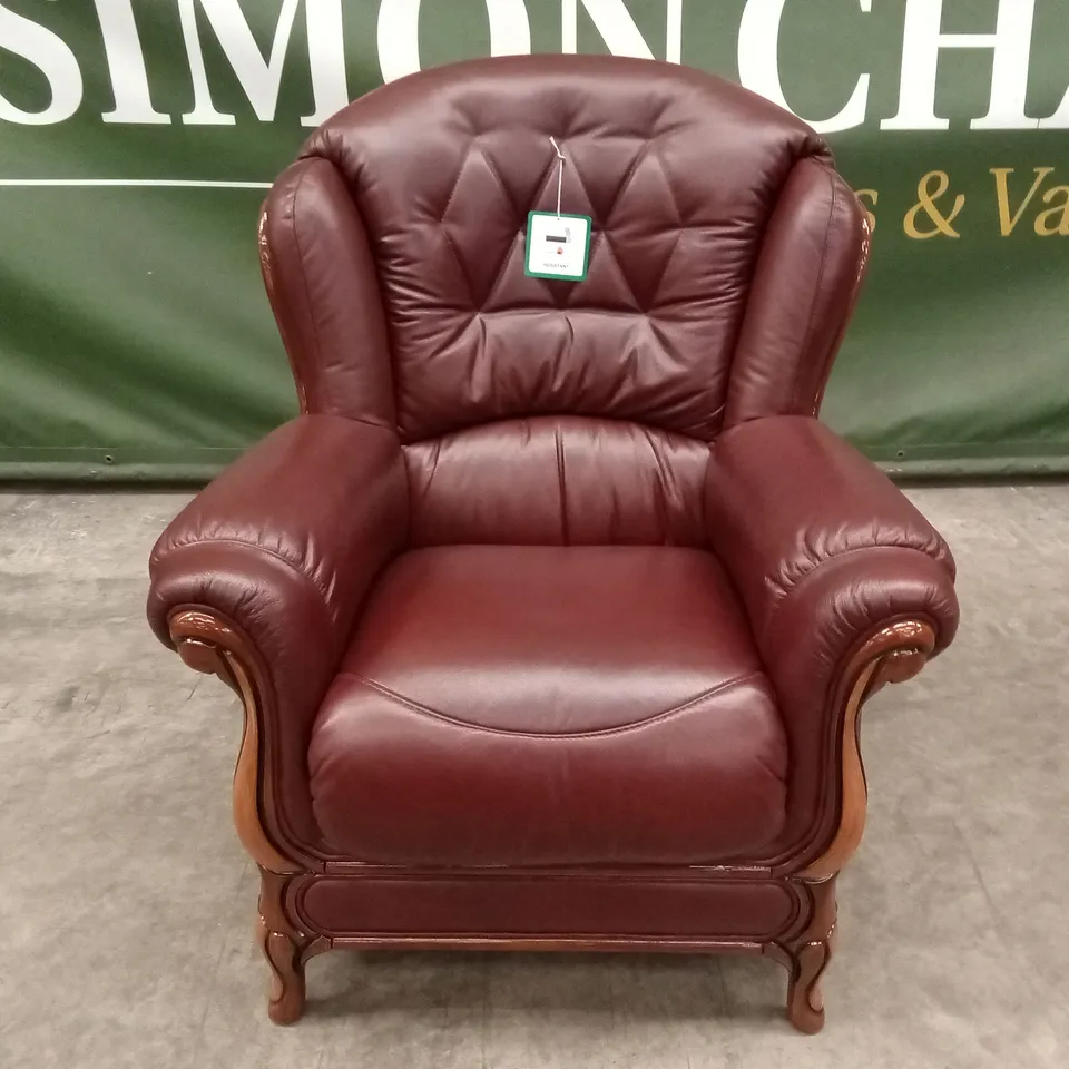 DESIGNER ITALIAN MADE BURGUNDY LEATHER & WOOD ARMCHAIR