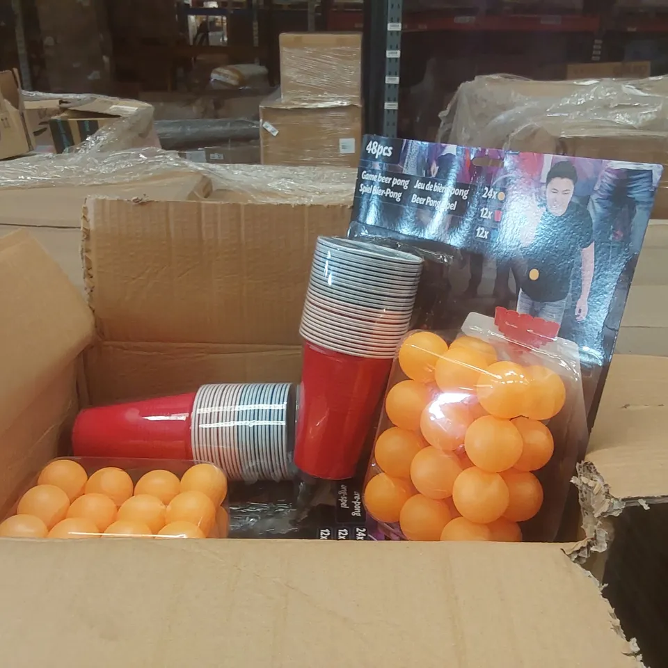 PALLET TO CONTAINING A VERY LARGE QUANTITY OF ASSORTED ITEMS INCLUDING: BEER PONG SETS, DOOR HANGERS ECT