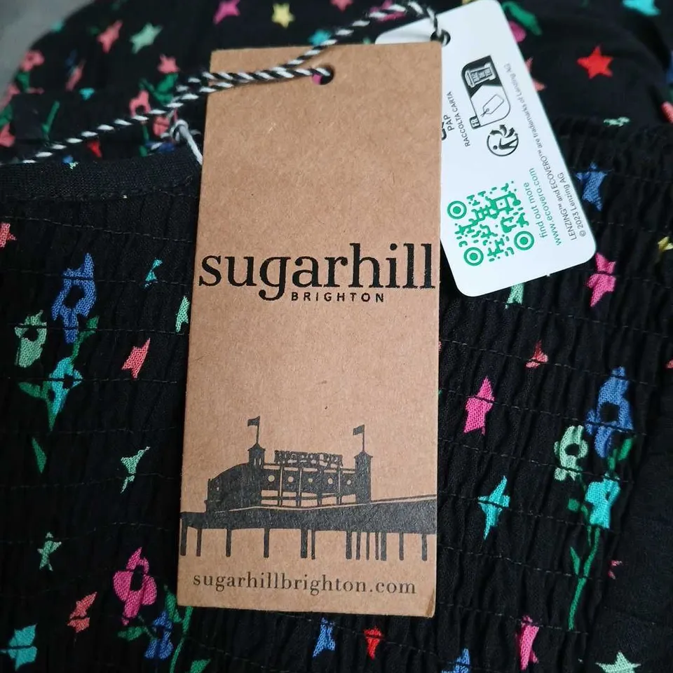 SUGARHILL BRIGHTON ROSA SHIRRED MIDI DRESS – BLACK WITH RAINBOW SPRIGS, UK 14