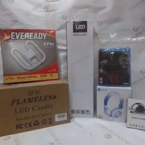 BOX OF ASSORTED ELECTRICAL GOODS TO INCLUDE; ICLEVER HEADPHONES, 3PK FLAMELESSLED CANDLES, LED DESK LIGHT ETC