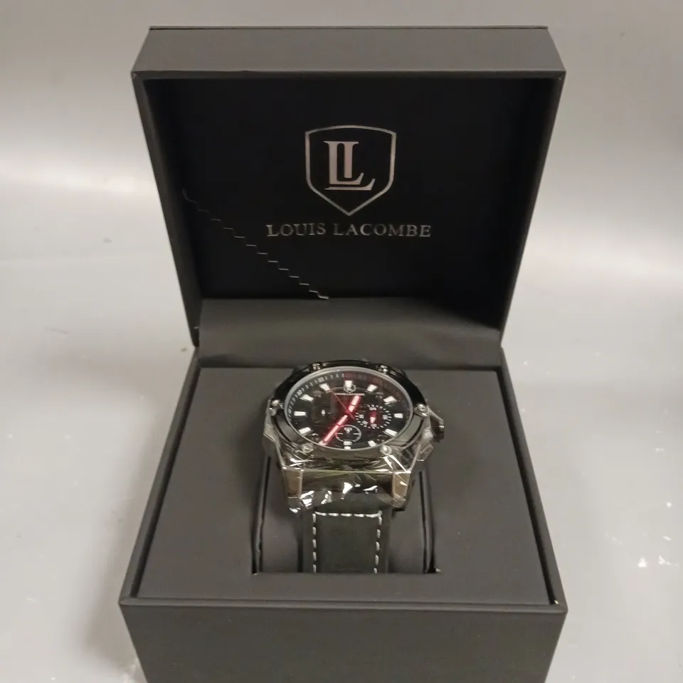 MENS LOUIS LACOMBE CHRONGRAPH WATCH – 3 SUB DIALS – SILVER COLOUR CASE – LEATHER STRAP