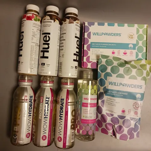 BOX OF APPROX 12 ASSORTED FOOD ITEMS TO INCLUDE - WILLPOWDERS KETO CREAMER - PROTEIN PRO WOWHYDRATE DRINK - HUEL NUTRITION DRINK ETC