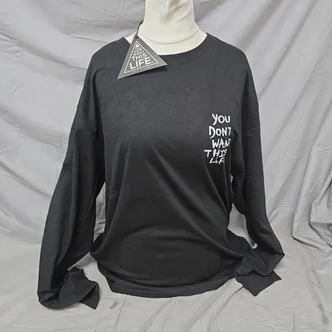 YOU DONT WANT THIS LIFE BLACK LONG-SLEEVE TOUR TEE – REFLECTIVE PRINT, UK XXL