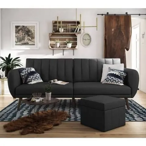 BOXED DOREL NOVOGRATZ BRITTANY 3 SEATER DARK GREY LINEN SOFA BED WITH WOODEN LEGS