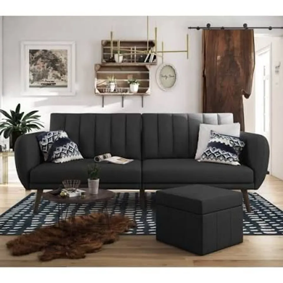 BOXED DOREL NOVOGRATZ BRITTANY 3 SEATER DARK GREY LINEN SOFA BED WITH WOODEN LEGS