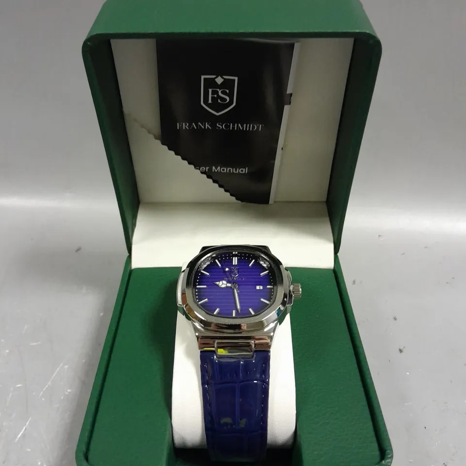 MENS FRANK SCHMIDT WATCH – TEXTURED DIAL WITH DATE – LEATHER STRAP- MODEL: FSL AMBASSADOR – 3ATM WATER RESISTANT