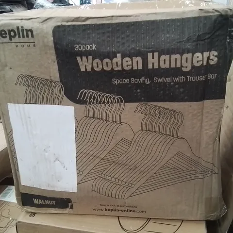 BOXED 30 PACK OF WOODEN CLOTHES HANGERS