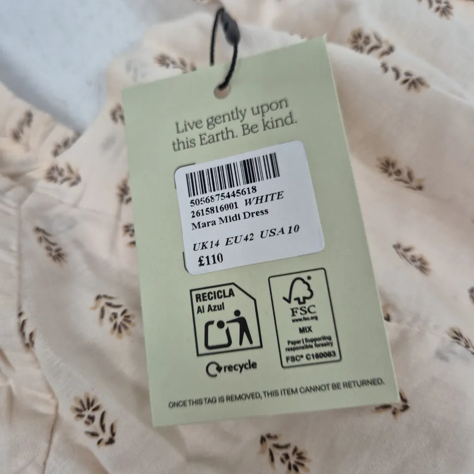 NOBODY'S CHILD MARA MIDI DRESS – WHITE WITH BROWN LEAF PRINT, UK14