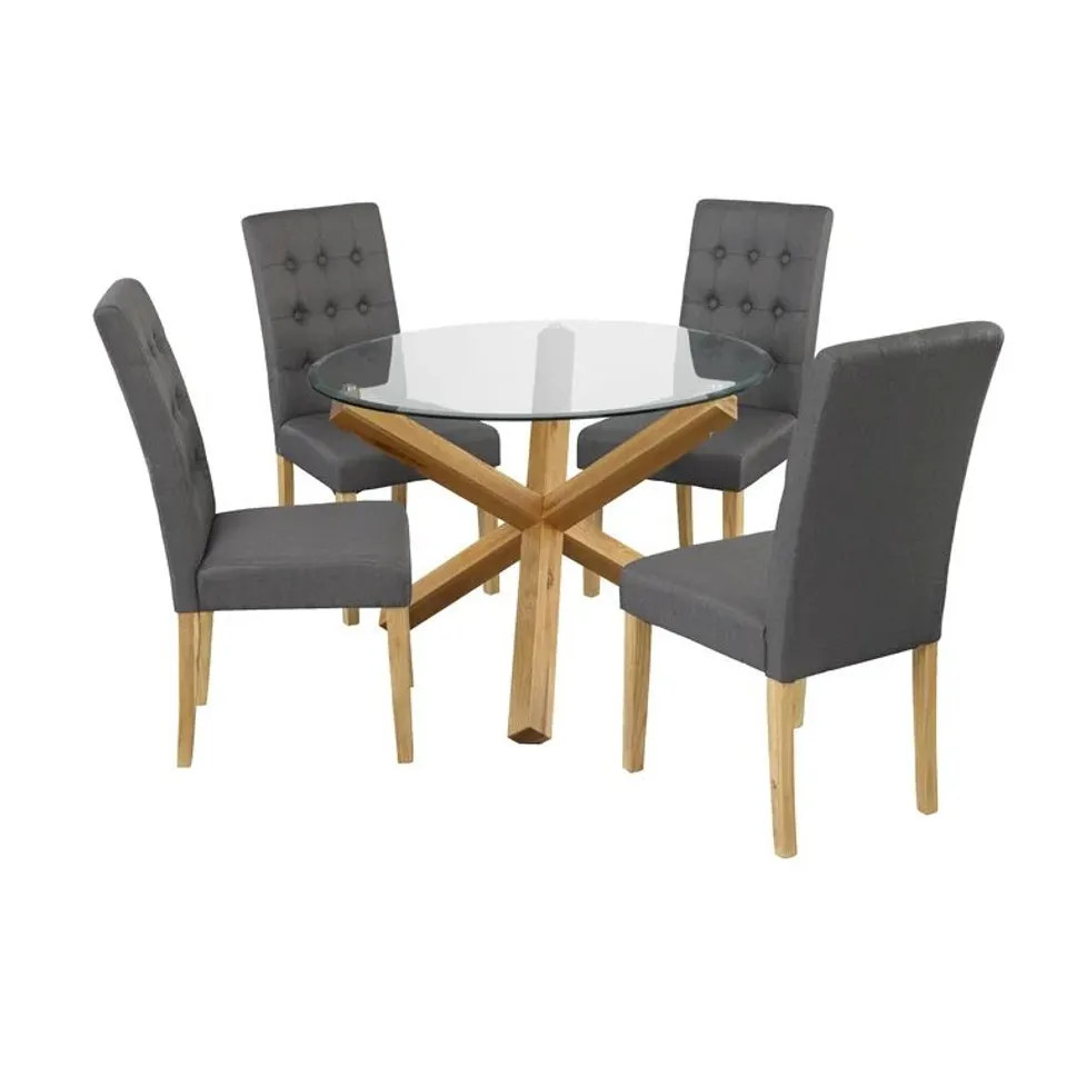 BOXED PAIR JUNIPER GREY FABRIC OAK LEG DINING CHAIRS (SET OF 2 IN 1 BOX)