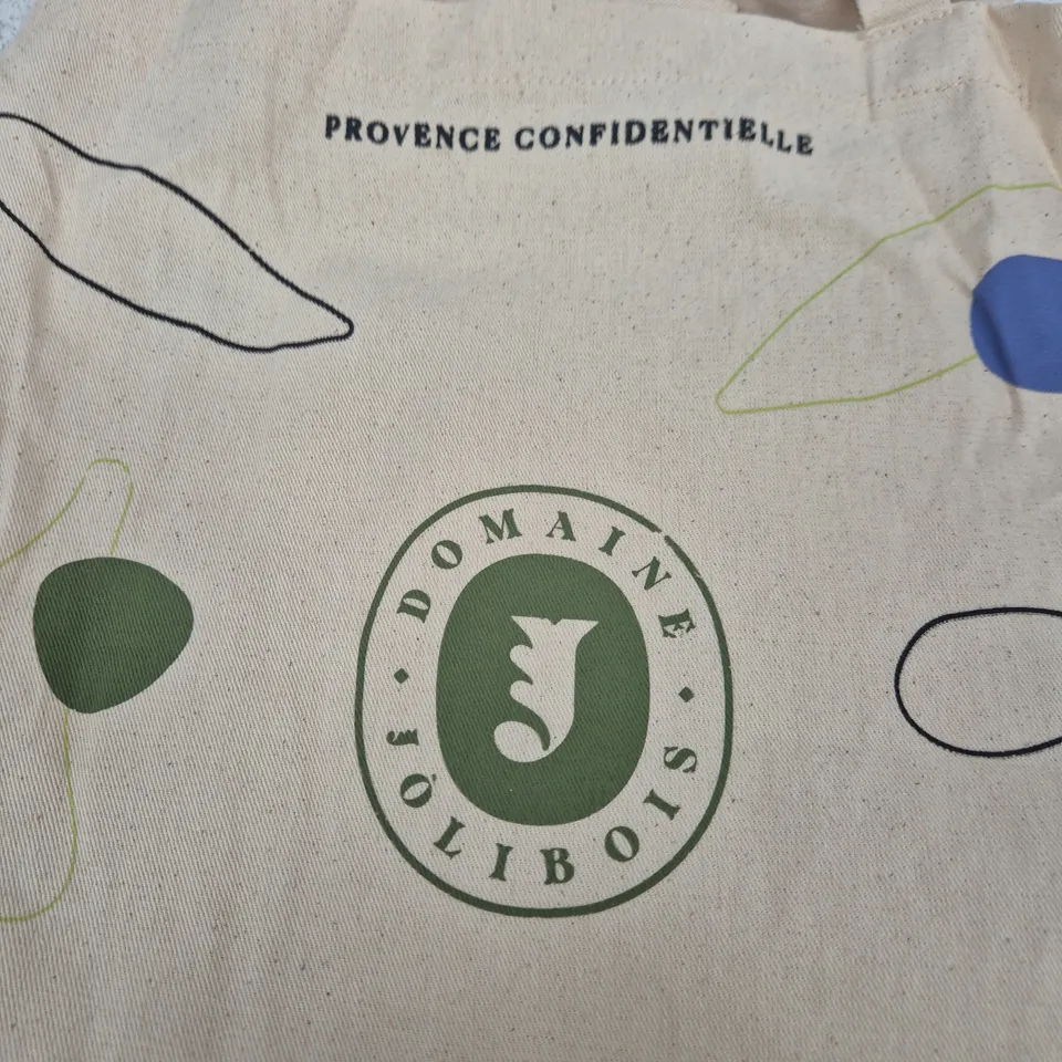 SET OF 3 BAGS: WOVEN STRAW TOTE WITH BEAD HANDLES; PROVENCE OLIVE OIL TOTE; SMALL GREY MESH WINDOW POUCH