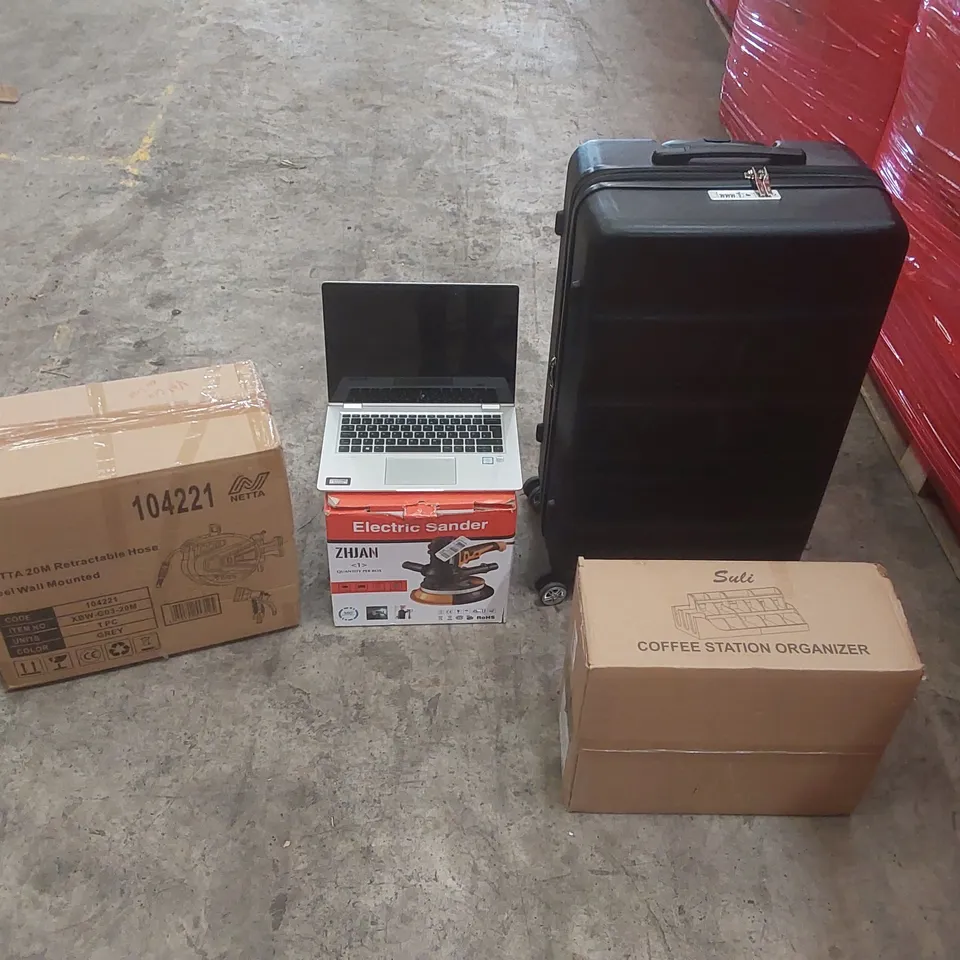 PALLET CONTAINING A LARGE QUANTITY OF ASSORTED ITEMS INCLUDING: HP LAPTOPS (UNTESTED), SUITCASE, ELECTRIC SANDER, COFFEE STATION ORGANIZER, WALL MOUNTED RETRACTABLE HOSE ECT