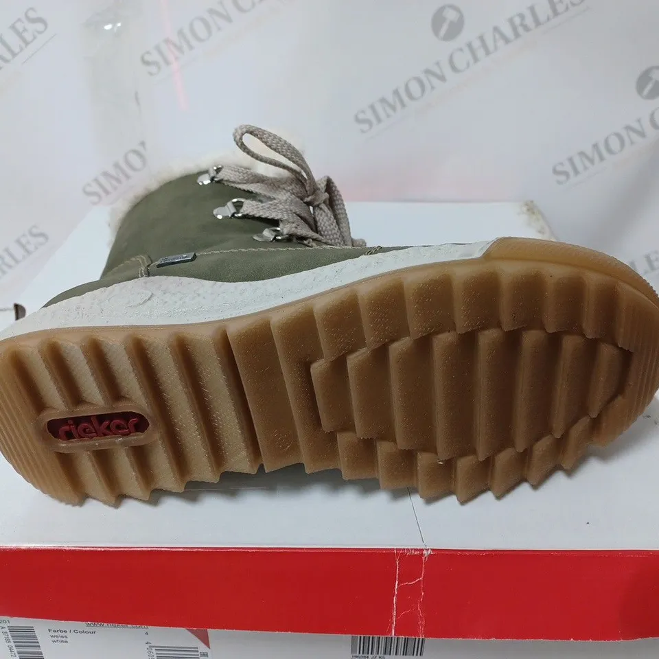 BOXED PAIR OF RIEKER ANTISTRESS WATER RESISTANT WARM HIKING BOOTS IN KHAKI - SIZE 5