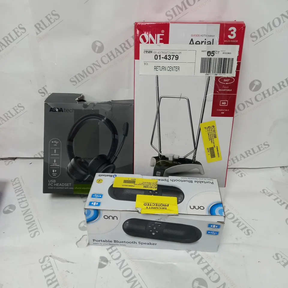APPROXIMATELY 20 ASSORTED ITEMS TO INCLUDE PC HEADSET, PORTABLE BLUETOOTH SPEAKER, HDTV INDOOR AERIAL ETC.