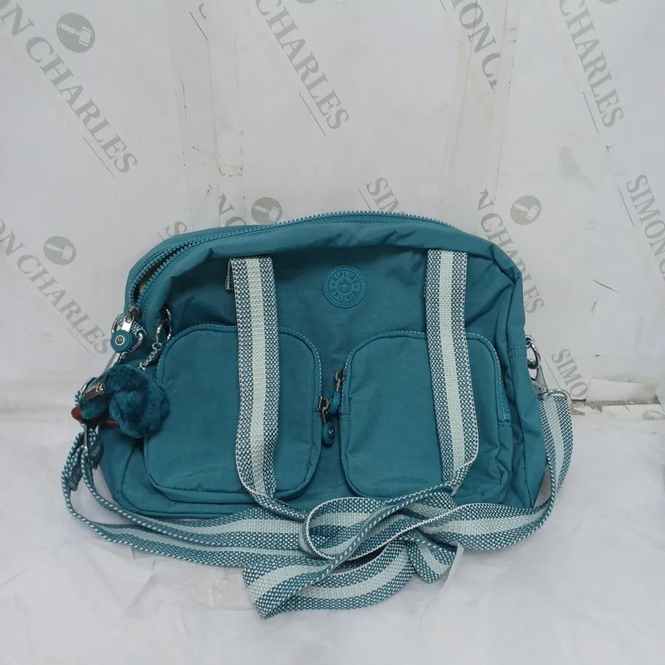 KIPLING LIVE LIGHT MEDIUM CANVAS BAG. MULTIPLE COMPARTMENTS. CUTE GORILLA KEYRING. BLUE AND WHITE
