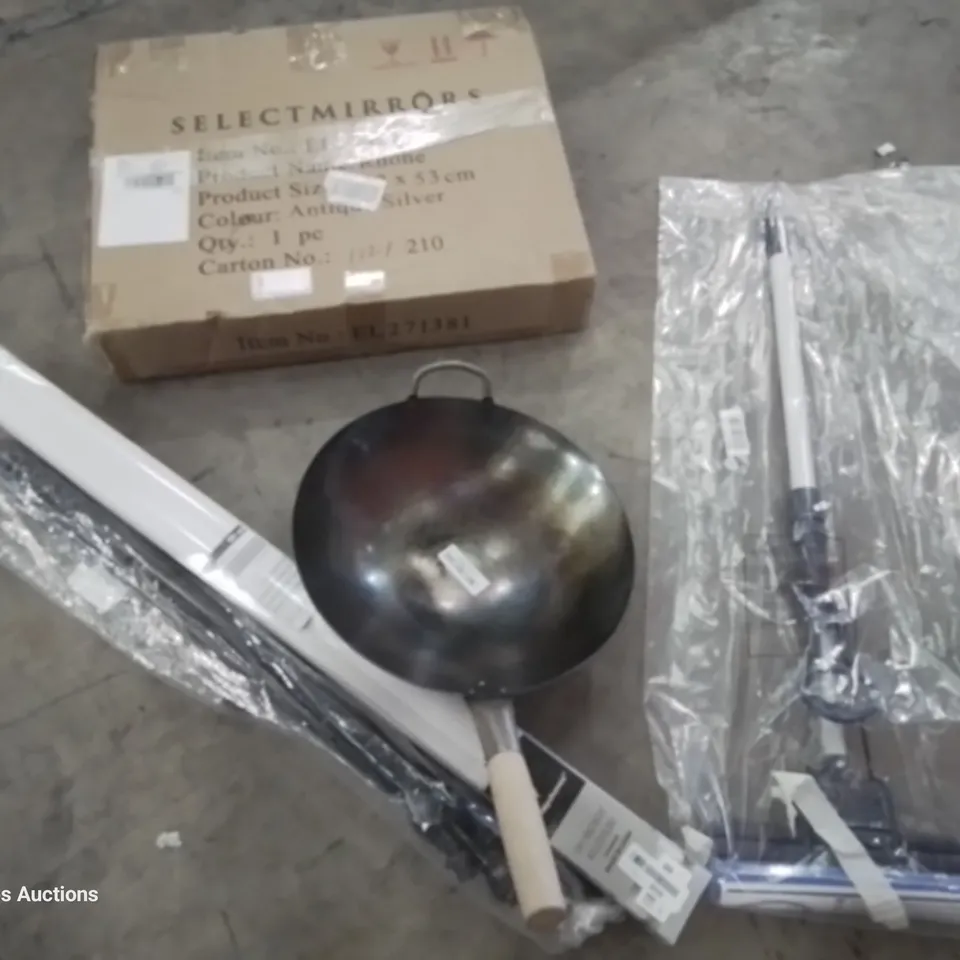 PALLET OF ASSORTED ITEMS TO INCLUDE, MULTI FUNCTION DRYING RACK, SPONGE MOP, BOXED RHONE MIRROR, ROLLER BLIND, CURTAIN POLE, WOK.